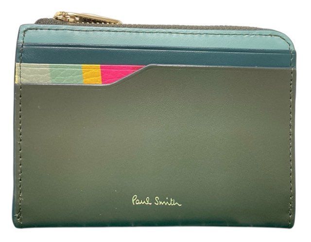 未使用 ポールスミス ケース キーリング付き 小銭入れ BPW331 コンパクト財布 グリーン 緑 ダークカーキ レザー 牛革 メンズ レデ 未使用 ポールスミス コインケース キーリング付き 小銭入れ BPW331