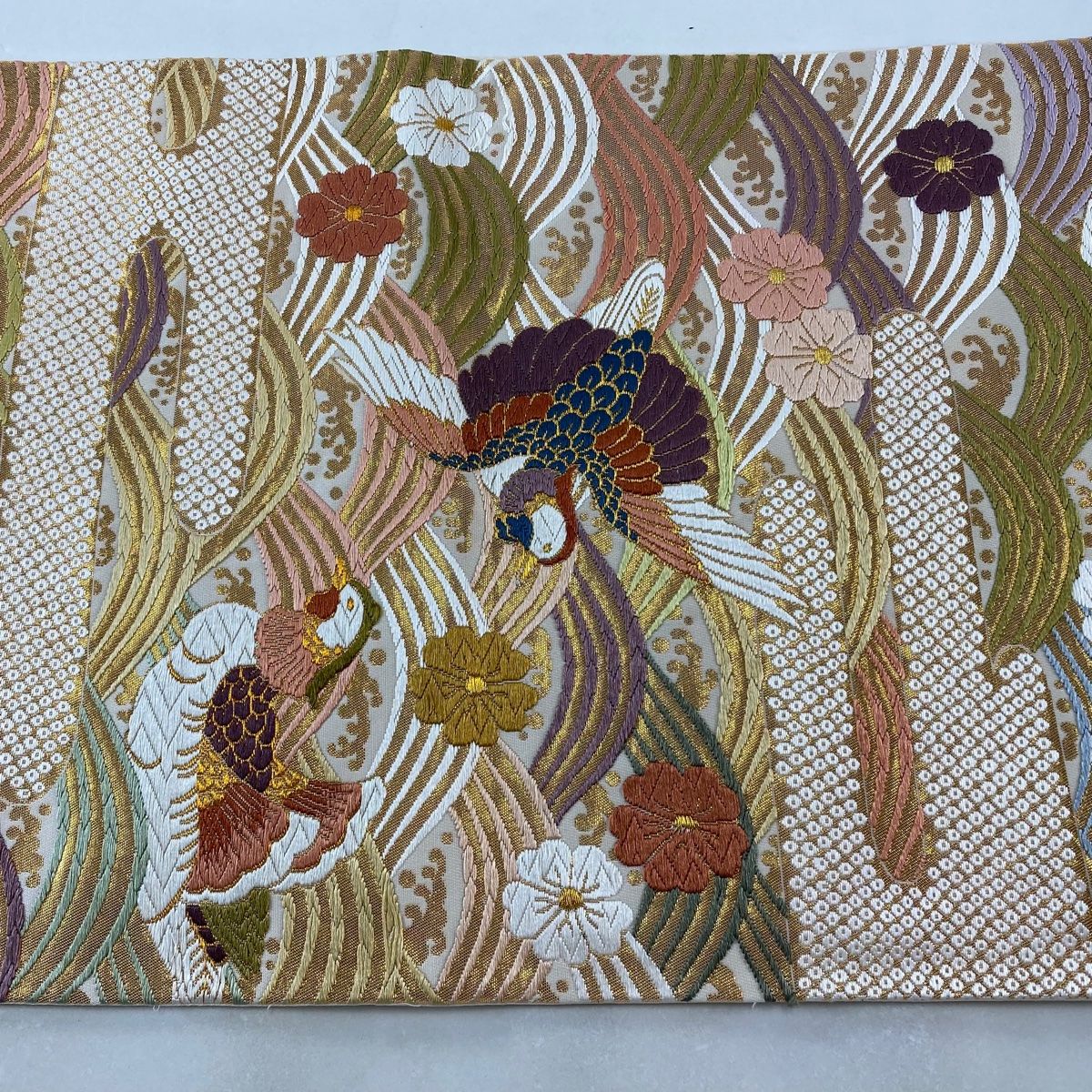 袋帯 秀品 鳥 桜 刺繍 金糸 灰白 六通 正絹 【中古】 - メルカリ