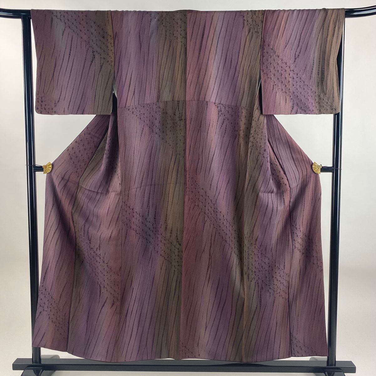 小紋 身丈155cm 裄丈65cm M 袷 幾何学 絞り ぼかし 茶紫 正絹 秀品