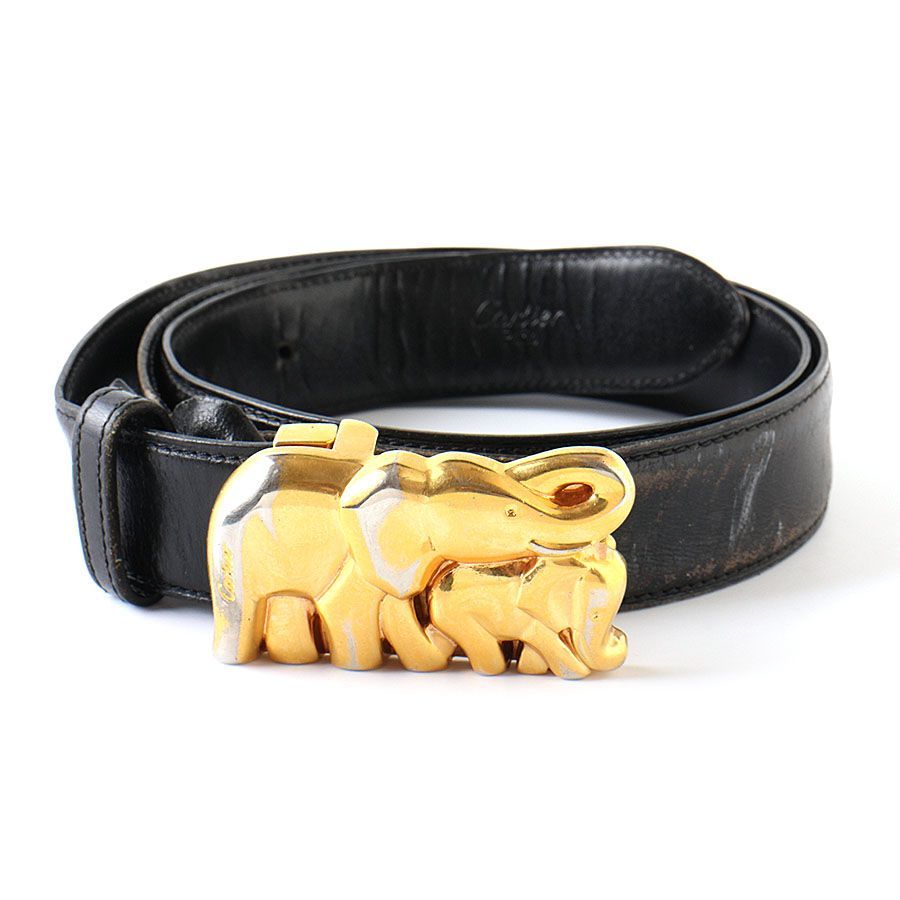 M28274 Cartier カルティエ レザー ベルト 象 ゾウ エレファント モチーフ ブラック ゴールドバックル 黒