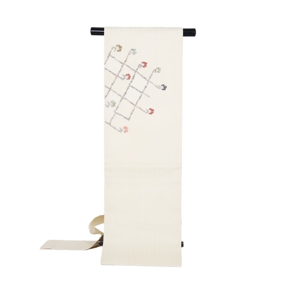 紗 名古屋帯 正絹 薄クリーム 花柄 Lサイズ N2984 未使用品 夏物