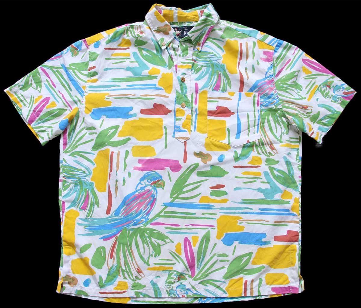 The Nutter アート 三点留め ボタンダウン プルオーバー コットンシャツ L オールド アロハ オウム ポップ 水彩画 総柄 カラフル