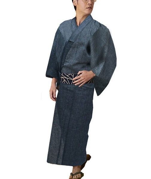 浴衣 6点セット 男性用 しじら織 黒縞 綿85％麻15％ Mサイズ NO24909-02