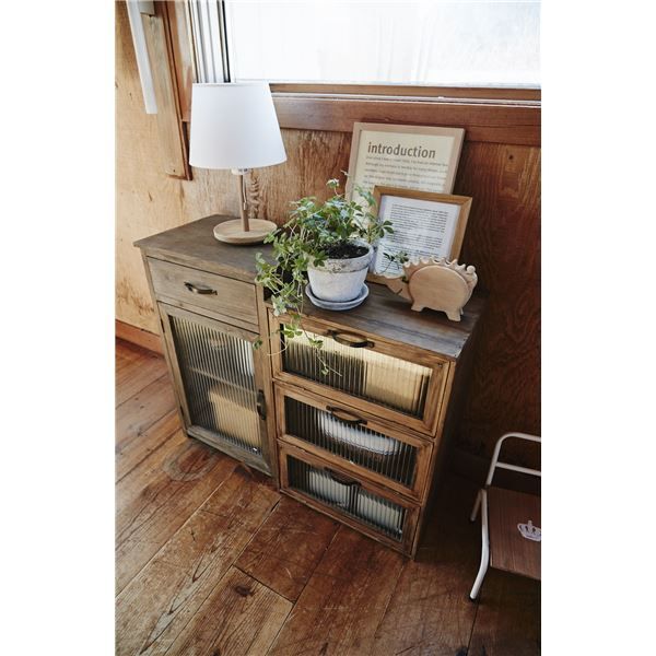 収納棚 リビング収納 幅40cm 木製 杉 引き出し収納 波板ガラス戸 扉 脚付き キャビネット Toreno トレノ 完成品 リビング MARWIL-DEMENAGEMENTS_CH