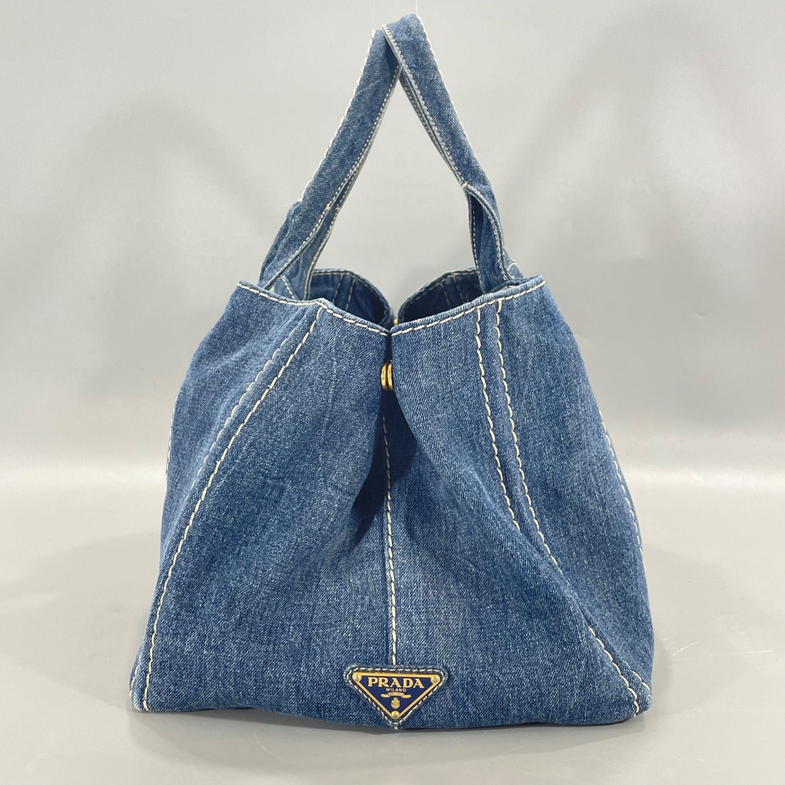 本物保証 PRADA プラダ カナパ デニム トートバッグ 三角プレート L 