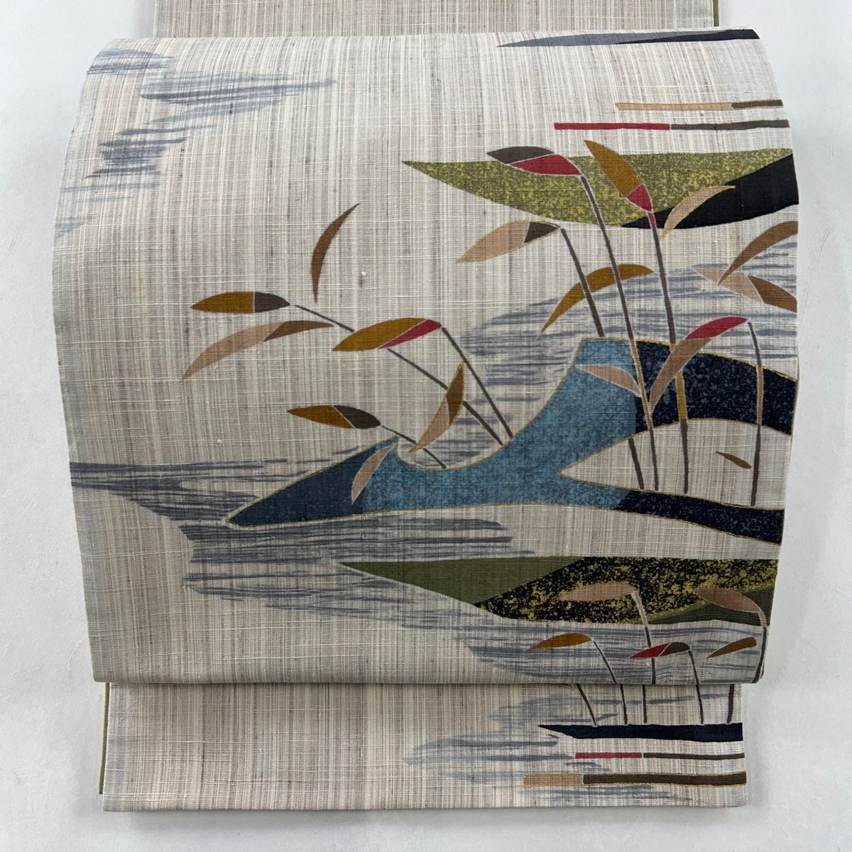 袋帯 秀品 落款 水辺の風景 草花 金彩 薄茶色 お太鼓柄 正絹