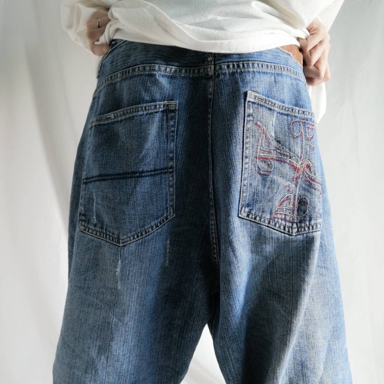 00年代 フブ FUBU プラチナムフブ バギーデニムパンツ ダメージ加工 