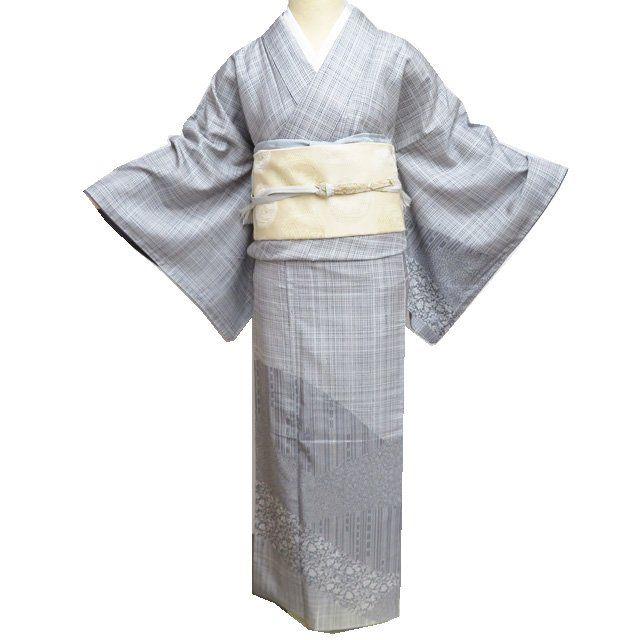 紬地 着物 ♥ リサイクル 正絹 袷 カジュアル 寄せ柄 江戸小紋柄 鼠色 身丈168cm 裄66.5cm L トール きもの北條 A1279-7