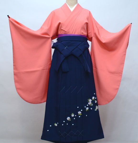 二尺袖 着物 袴フルセット ジュニア用へ直し 135cm～150cm ちりめん地 ピンク地 袴変更可 卒業式 NO32506-1