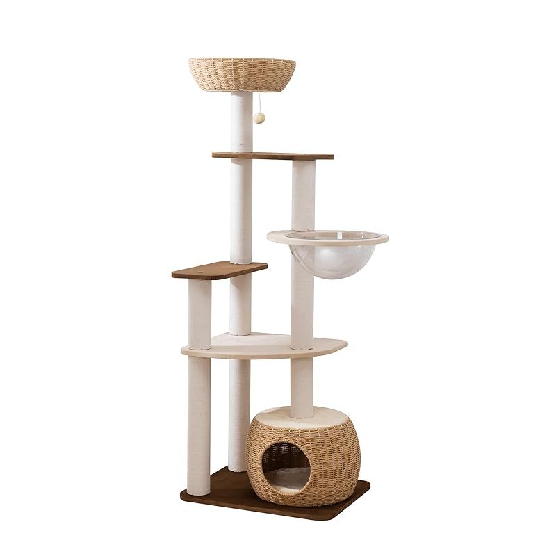 PETTIFUL キャットタワー 木製に生地張り 大型 据え置き 大型猫 おしゃれ 高さ161cm オランダベルベット 手編みカゴ ラタン 壁際ぴったり コーナー コンパクト 成猫 省スペース 上下しやすい インテリア性 多頭飼い スリム 夏冬兼用 見晴台 0