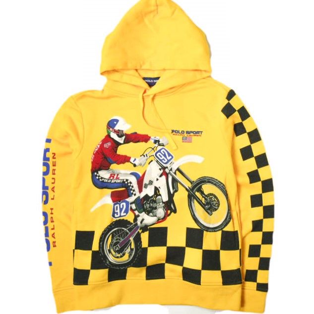 新品 POLO SPORT ポロスポーツ MOTOCROSS PRINTED HOODIE 裏起毛スウェットプルオーバーパーカー XS D.YELLOW Ralph Lauren ラルフローレン モトクロス バイク チェッカーフラッグ トップス g17954