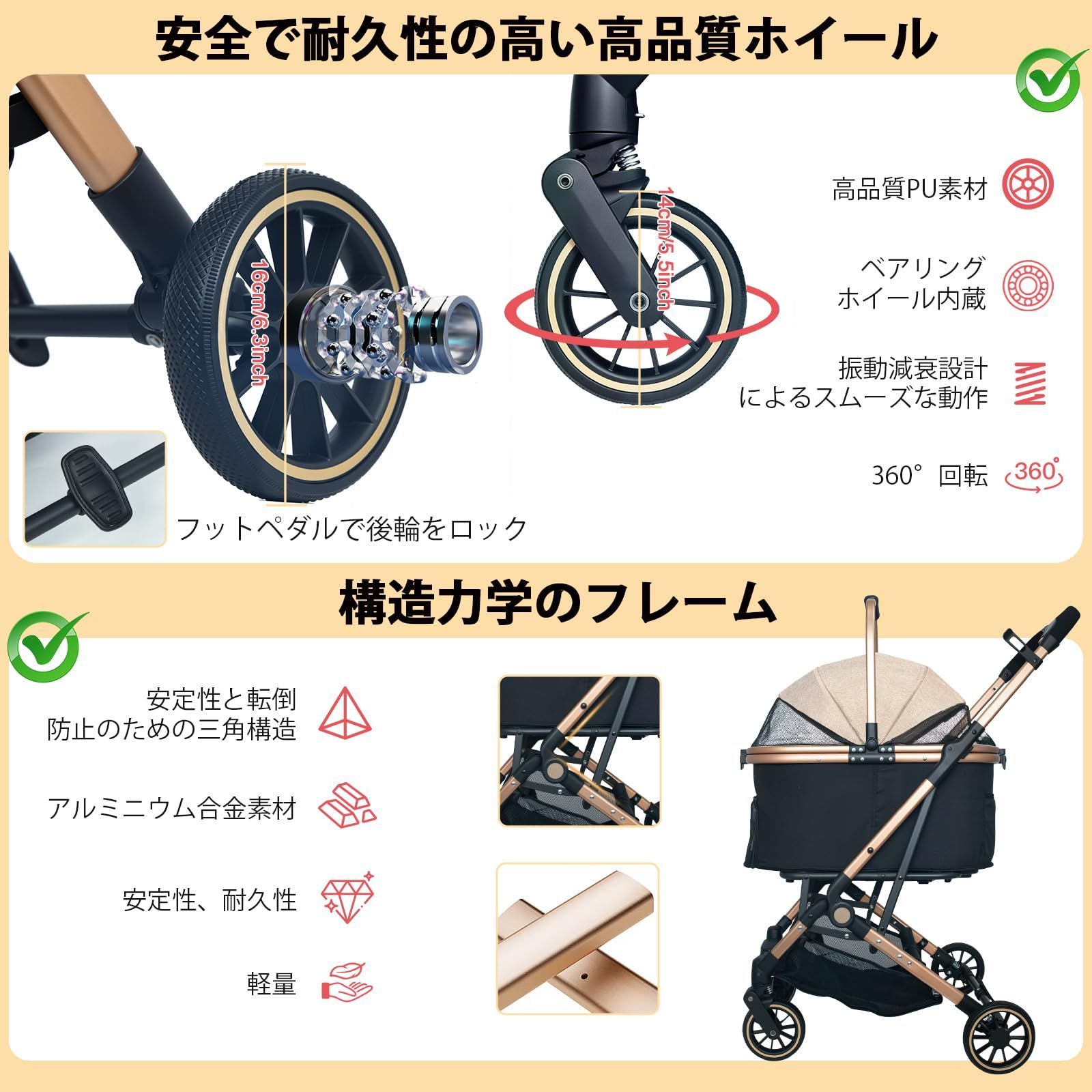 外出便利 組み立て簡単 犬用ベビーカー 人気 折りたたみ式 後輪ブレーキ付き 耐荷重20Kg 前輪360°回転 4輪 多頭の小型犬-猫 いぬ用 バギー 中型犬一匹用 犬用 カップホルダー付き 猫 軽量 カーキ ペットカート分離型