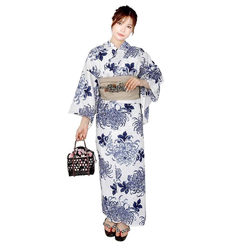 Fuuka 浴衣 2点 セット レディース フリーサイズ 乱菊 青 クリーム 兵児帯| |サンドベージュ X1417B233