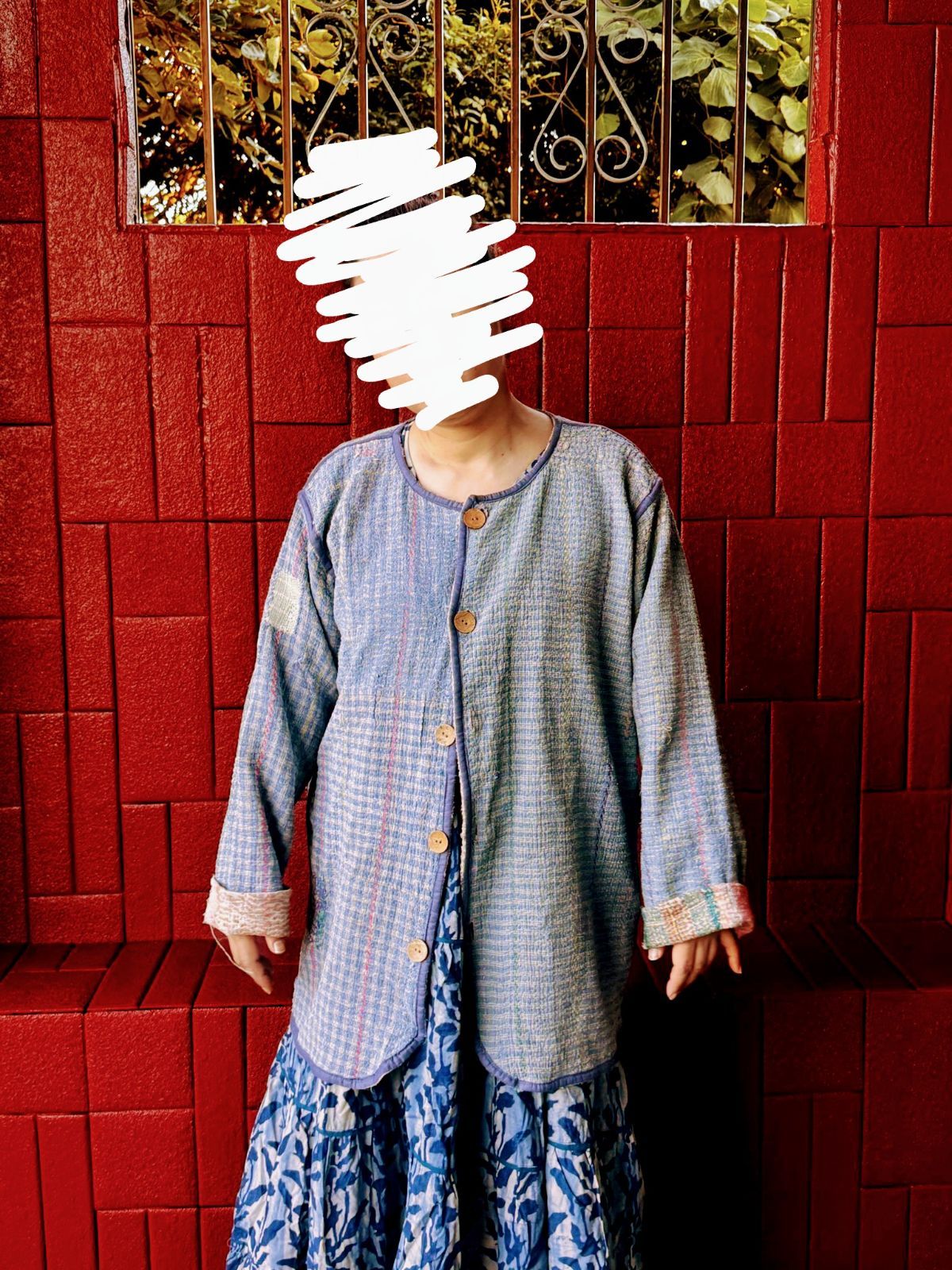 グドゥリー コート ジャケット ヴィンテージ カンタ刺繍 ボロ インド ビンテージ BORO アンティーク シャビーシック ラリーキルト 手縫い 刺し子 ハンドメイド パープル ピンク グリーン パステル ブルー