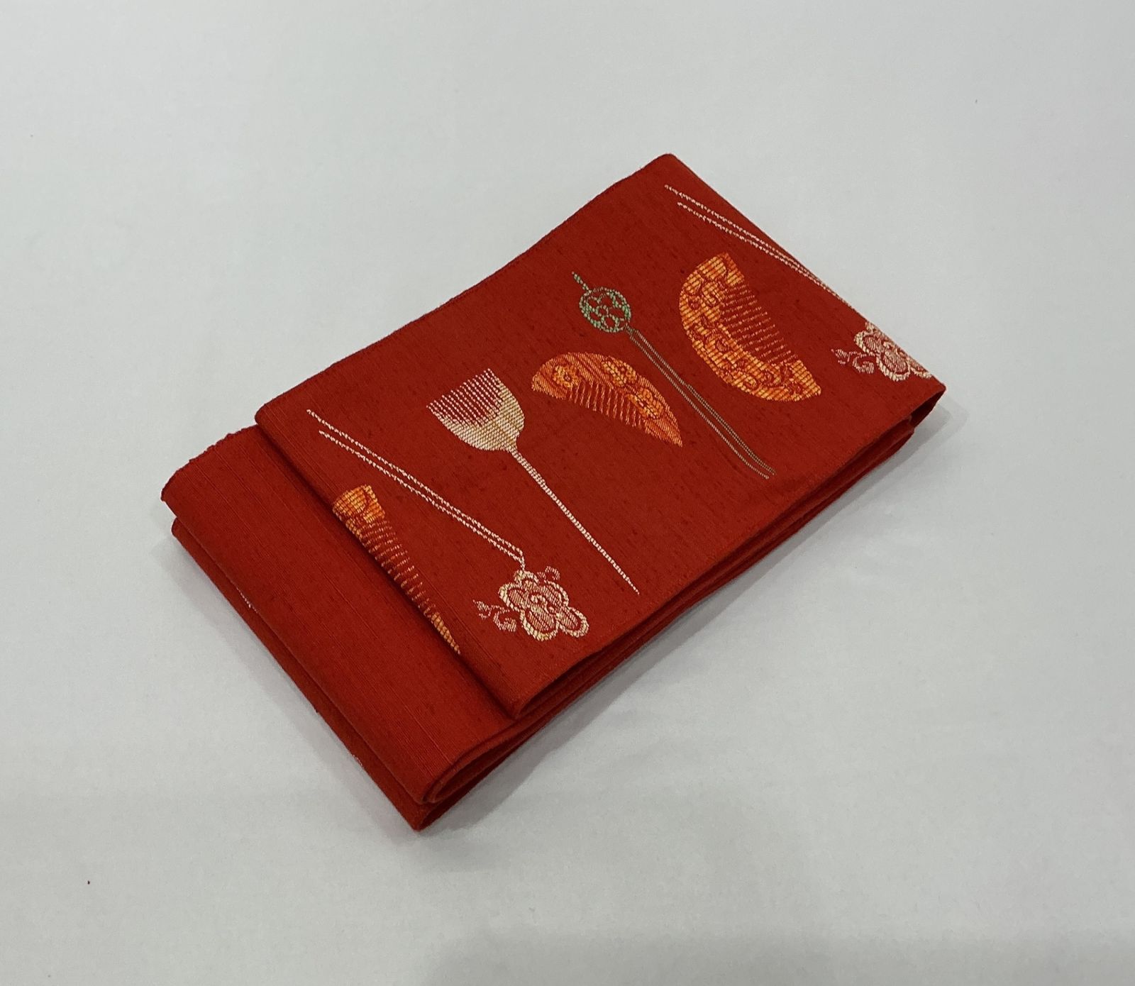 半巾帯/美品/オレンジ/かんざし×つげ櫛/正絹/着物/浴衣/未仕立て
