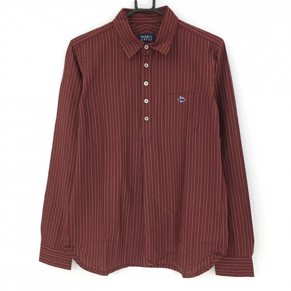 SALE価格【超美品】パーリーゲイツ 長袖ポロシャツ ボルドー×イエロー 細ストライプ コットン メンズ 4(M) ゴルフウェア PEARLY GATES