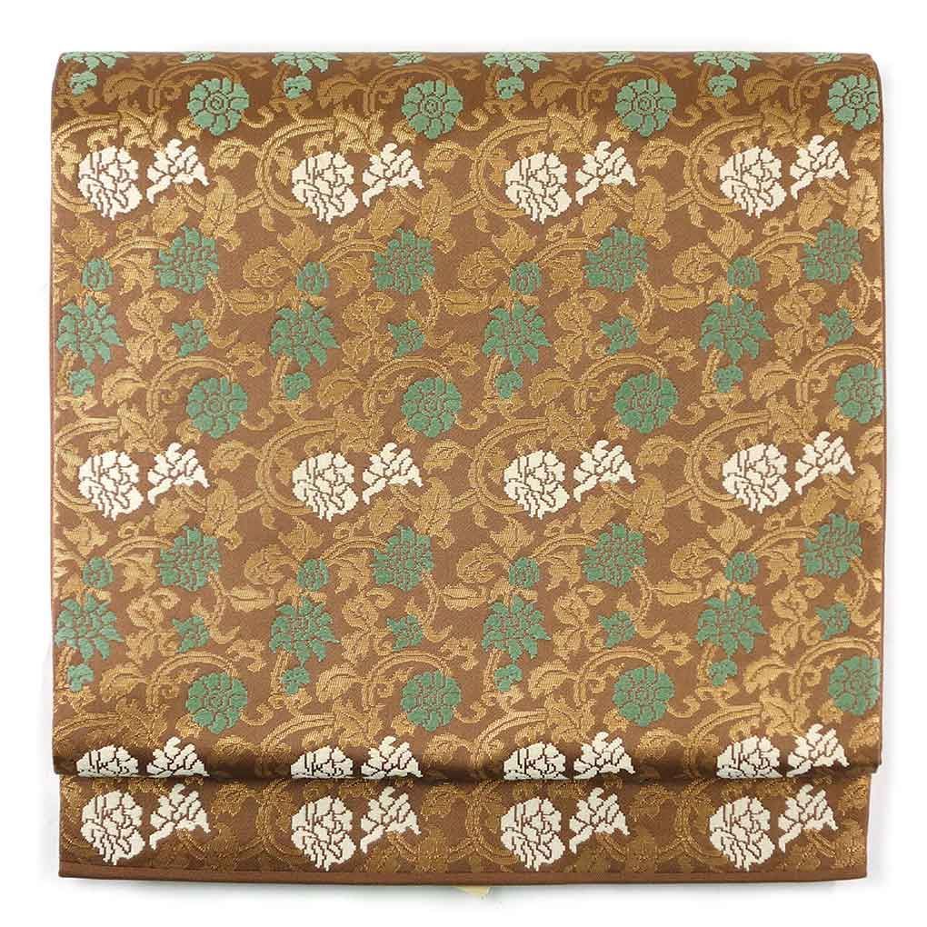 袋帯 幅31cm 長さ440cm レディース 花柄 秋冬春用 正絹（シルク）ブラウン 未使用品 リメイク リユース リサイクル【呉服のきくや】