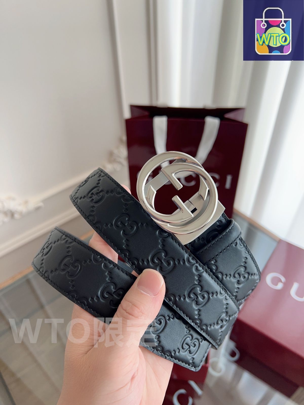 GGマーモント〕シャイニーバックル レザー ベルト ・ブラック レザー