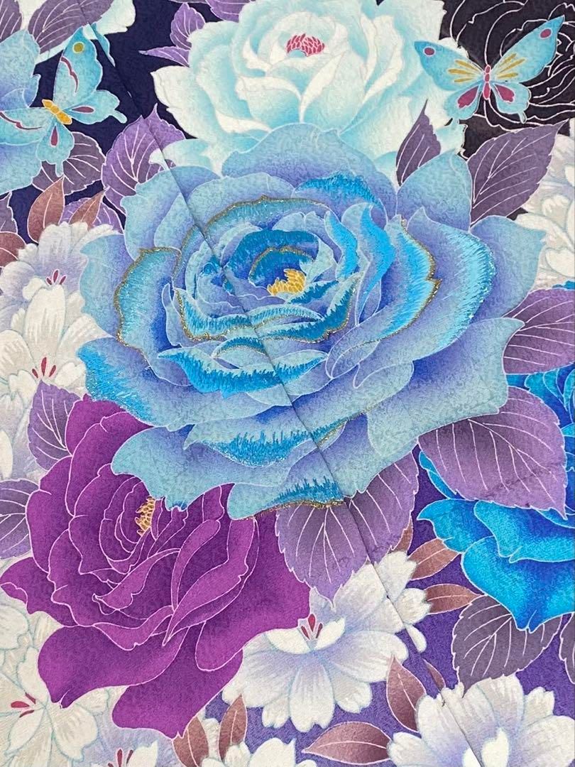 振袖 仮絵羽 舞台衣装 正絹 刺繍 紋意匠 薔薇 未仕立て品 八掛付き 