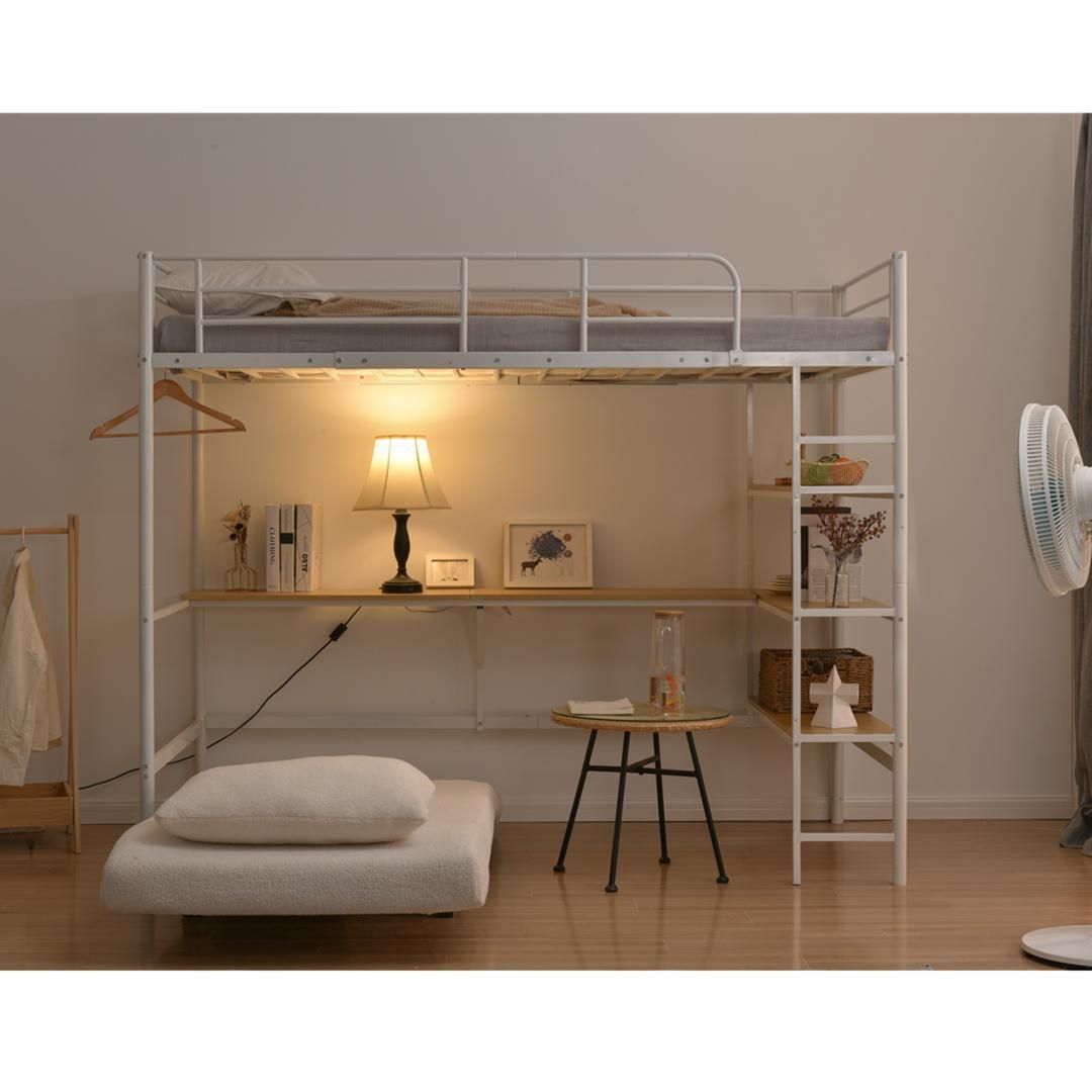 ロフトベッド シングル パイプベッド 収納棚 デスク付き 北欧風