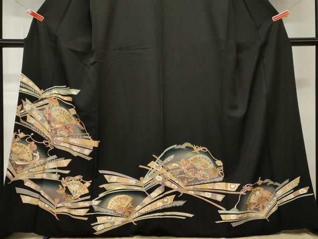 平和屋着物□豪華黒留袖 駒刺繍 檜扇宝尽くし花文 金彩 正絹