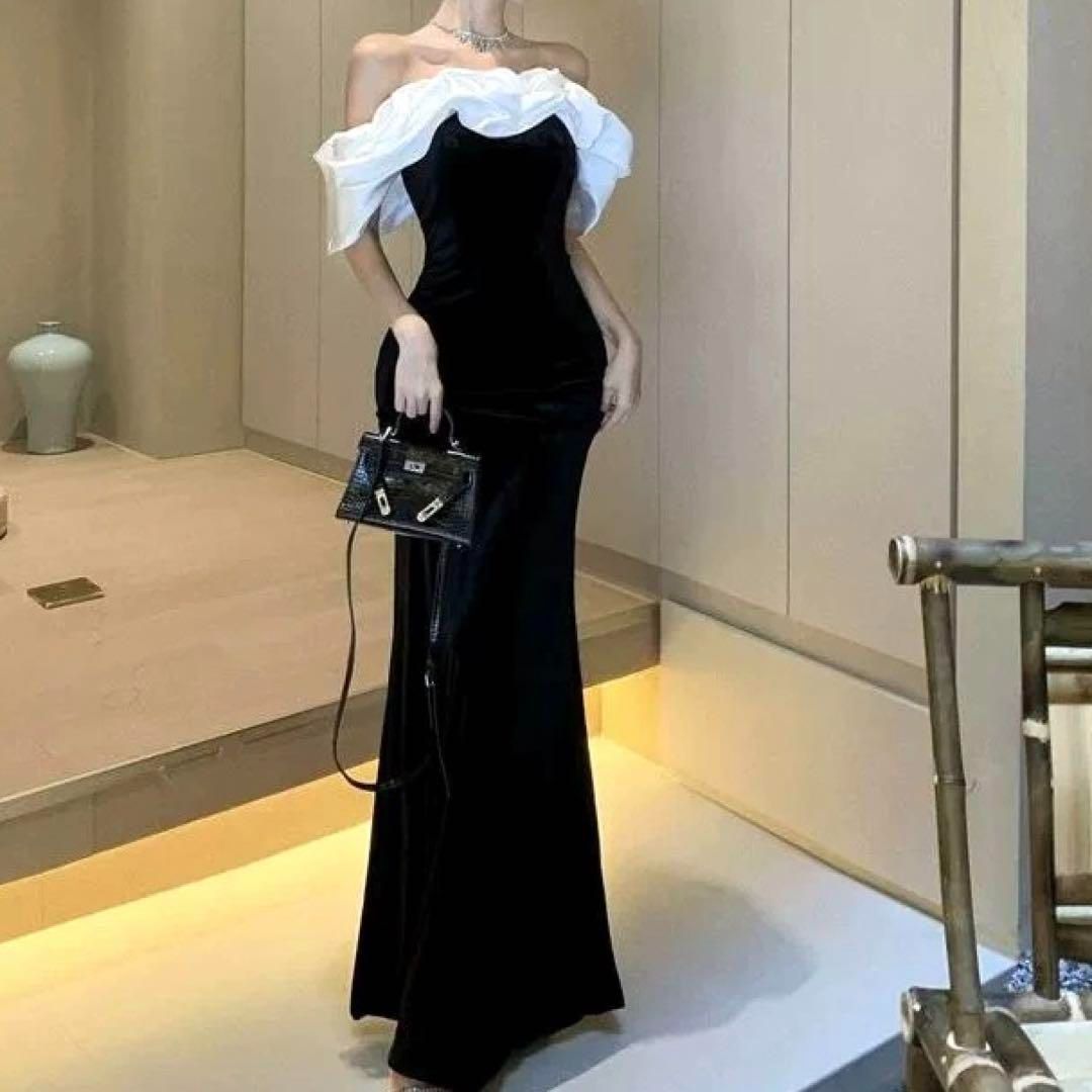 胸元のフリルがオシャレなマーメイドイブニングドレス♩.• 新品・未使用】胸元のフリルがオシャレなマーメイドイブニング
