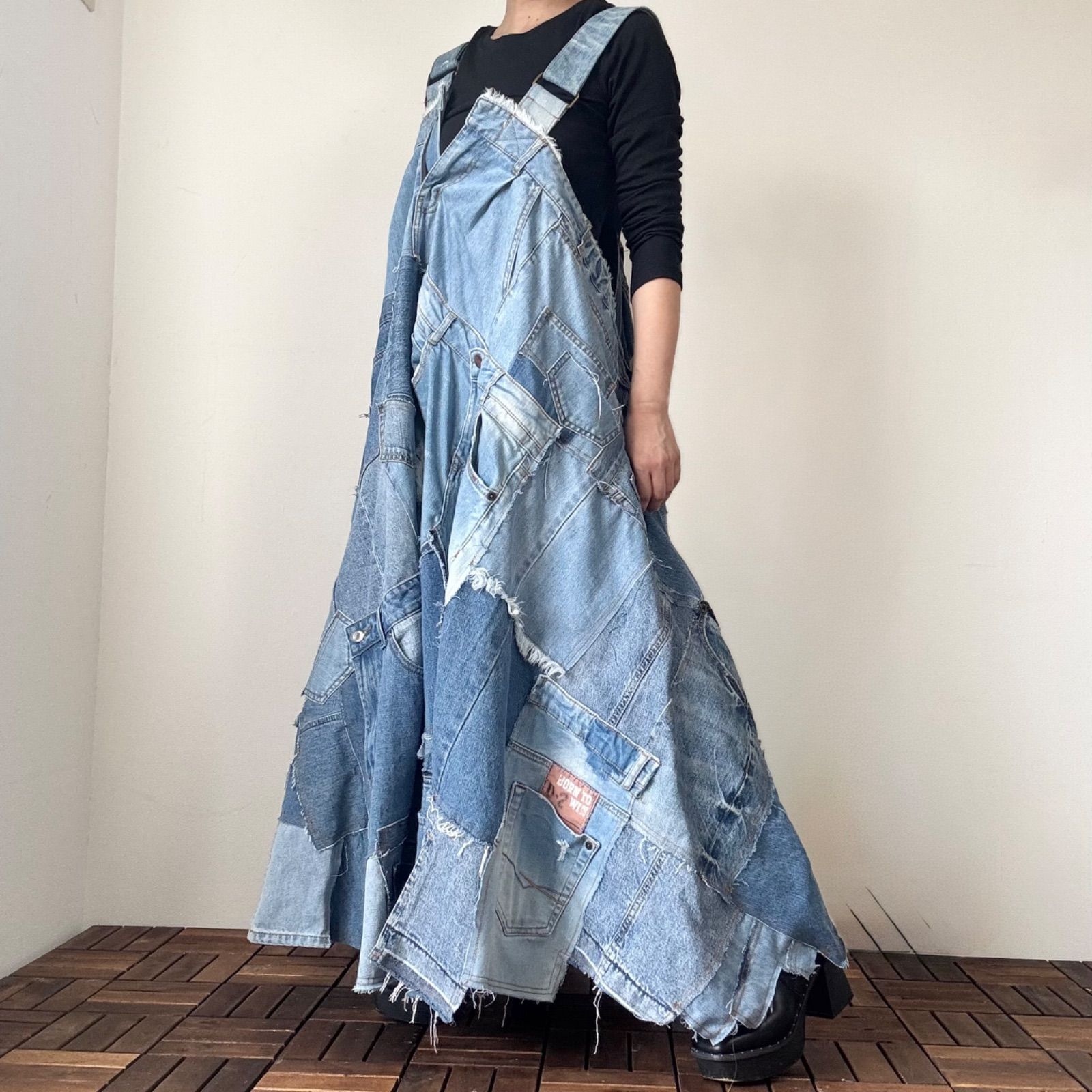 古着デニムをパッチワーク 一点物ジャンパースカート リメイクデニム デニム