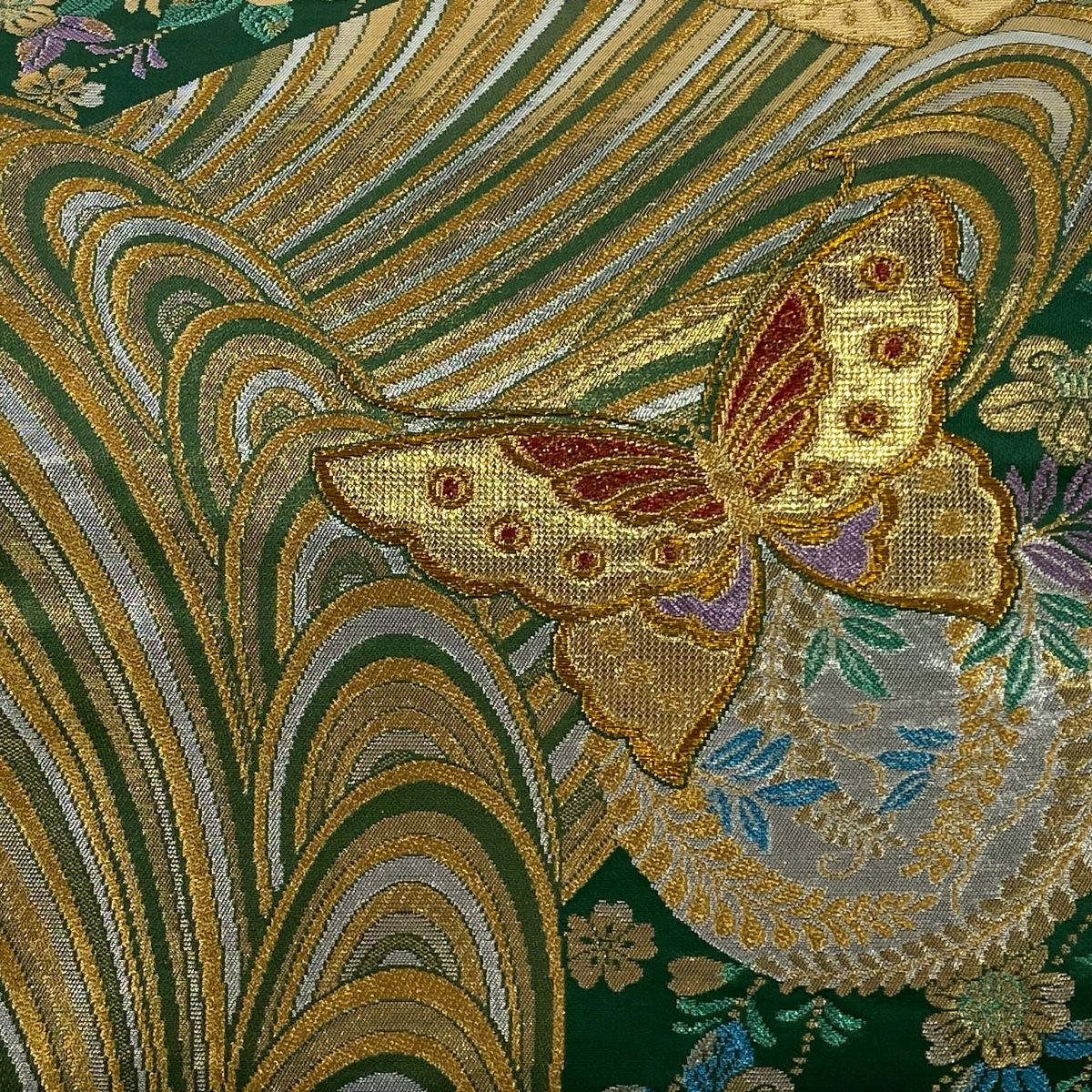 袋帯 秀品 蝶 草花 金糸 箔 緑 六通 正絹