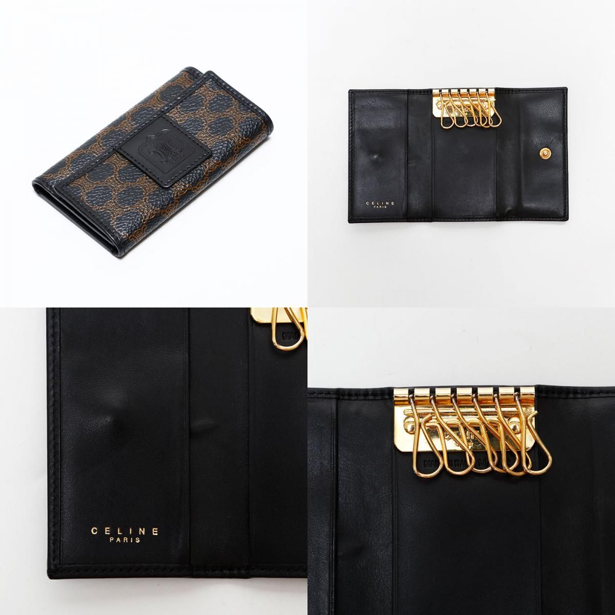 美品✨CELINEブラック レザー キーケース トリオンフ マカダム CELINE - セリーヌ キーケース 6連 トリオンフ マカダム CELINE