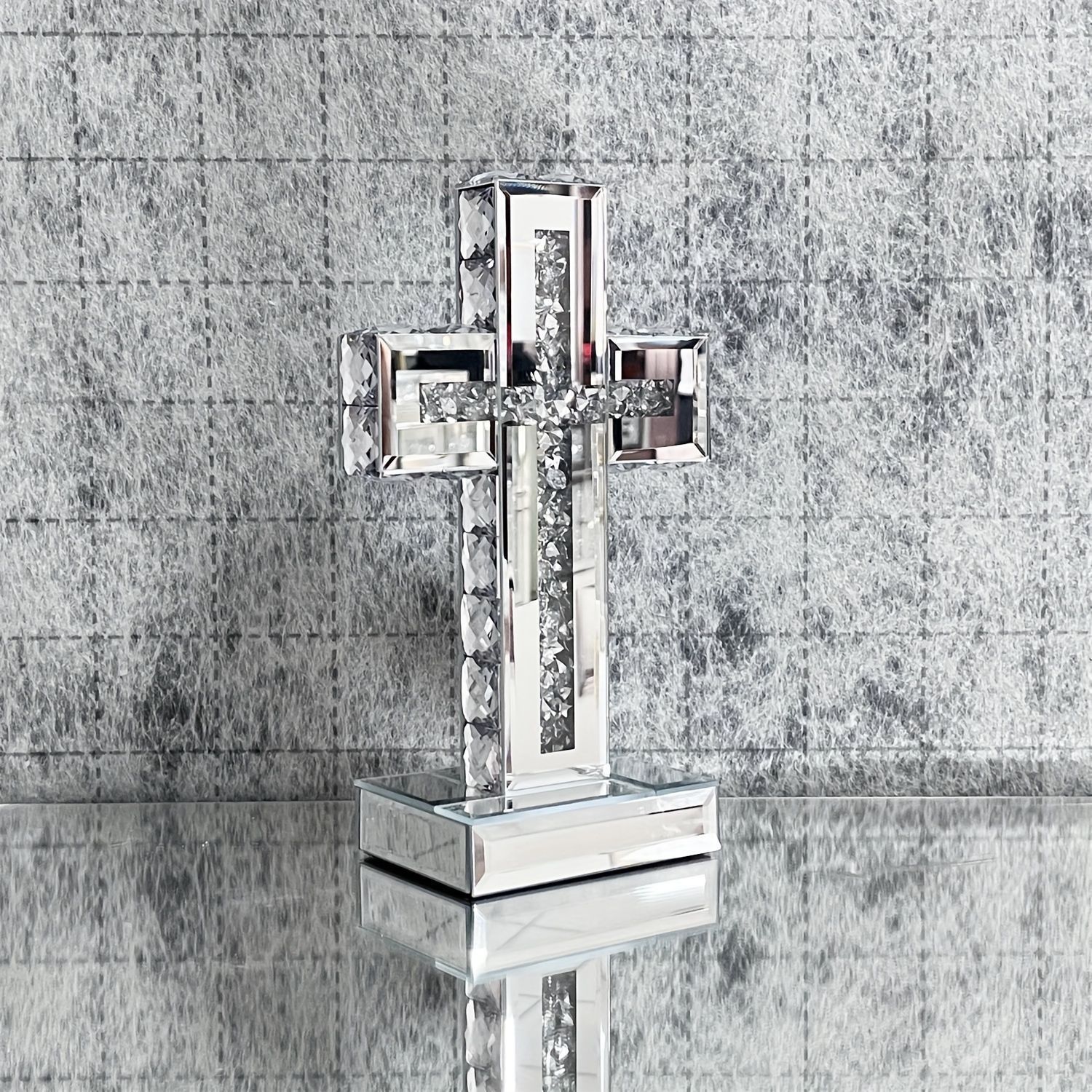 置物 ガラス ミラー 鏡 クリスタル クロス オブジェ 卓上 十字架