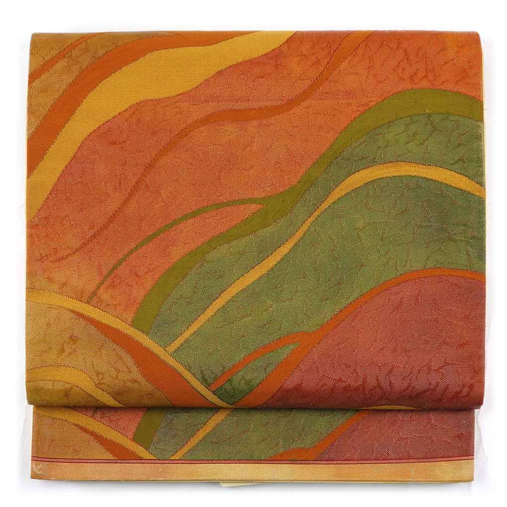袋帯 幅30cm 長さ418cm レディース 抽象柄 秋冬春用 正絹 シルク オレンジ やや難 リメイク リユース リサイクル 呉服のきくや