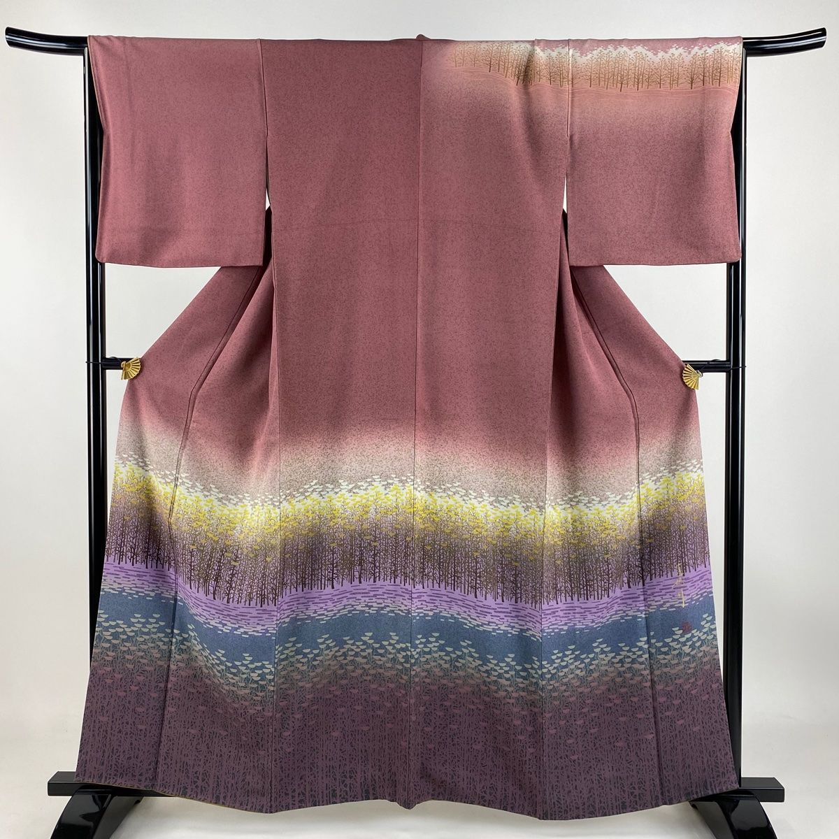 訪問着 身丈161cm 裄丈67cm M 袷 落款 樹木 霞 染め分け ぼかし 赤紫 正絹 秀品