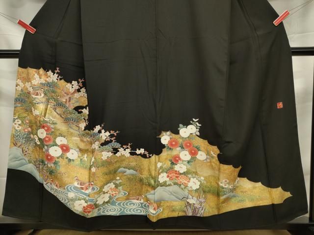 逸品❇️有名作家落款入り手描友禅金彩刺繍‥豪華正絹黒留め袖❇️フルセット 平和屋着物□豪華黒留袖 作家物 駒刺繍 更紗花鳥文 金彩 正絹