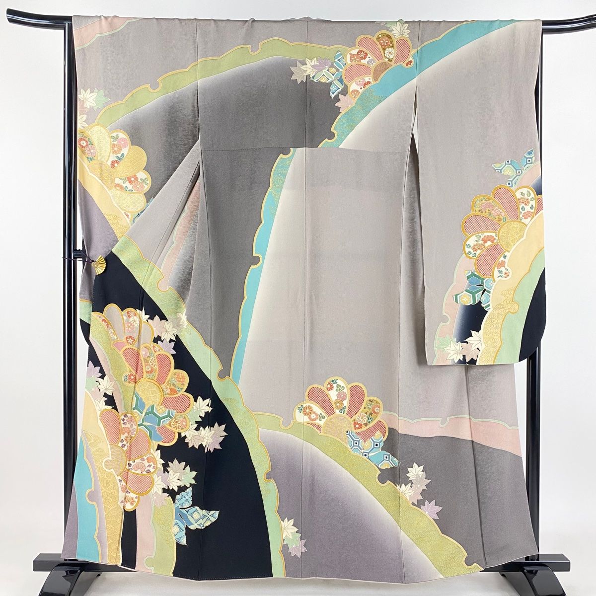 振袖 身丈158cm 裄丈65cm M 袷 菊 楓 金糸 金彩 灰紫 正絹 秀品