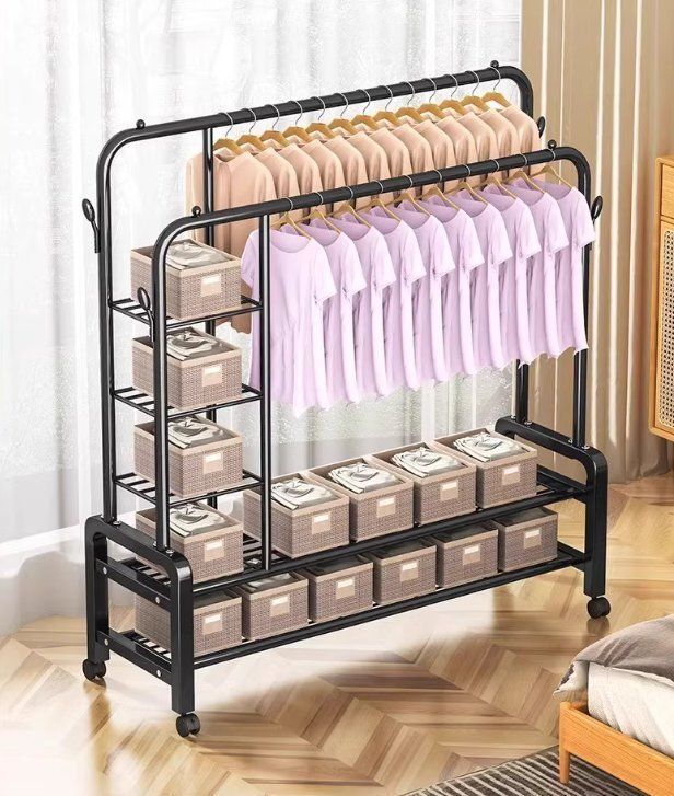 家庭用 ダブルバーハンガースタンド 寝室 ベランダ対応 強化型太め物干し竿付き 衣類ハンガーラック