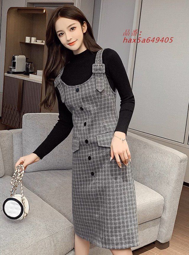 チェック柄 ジャンパースカート 秋冬 Iライン ワンピース レディース 冬 韓国 3L レトロ 前ボタン 大人ガー秋 レディース 膝丈 大きいサイズ ファッション hax5a649405 GULLKHAN_COM