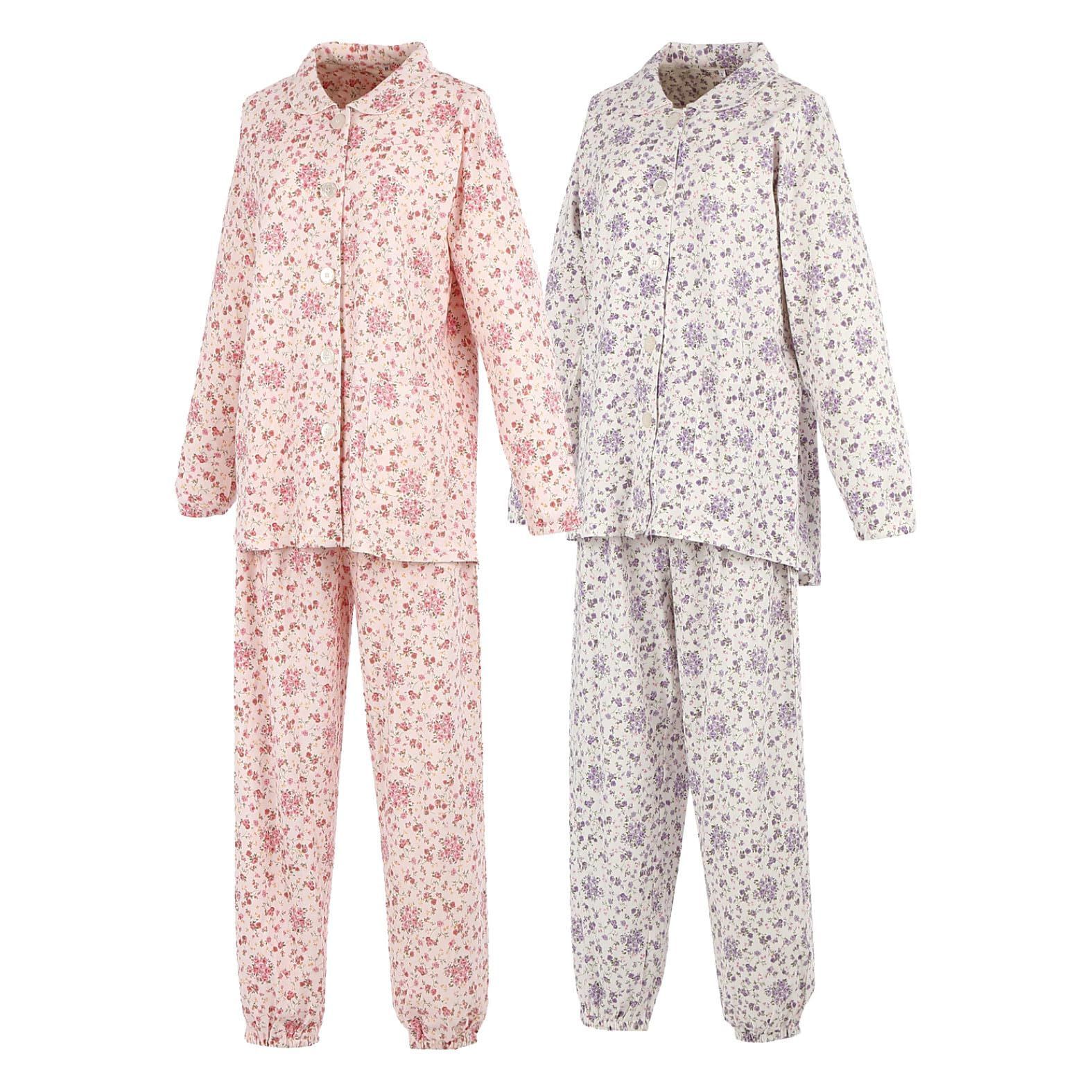 Size M_Color パープル RYO 花柄介護パジャマ 婦人用 前開き 綿 介護用 入院 入所対応 シニア向け 乾燥機対応 大きめボタン M L パープル M