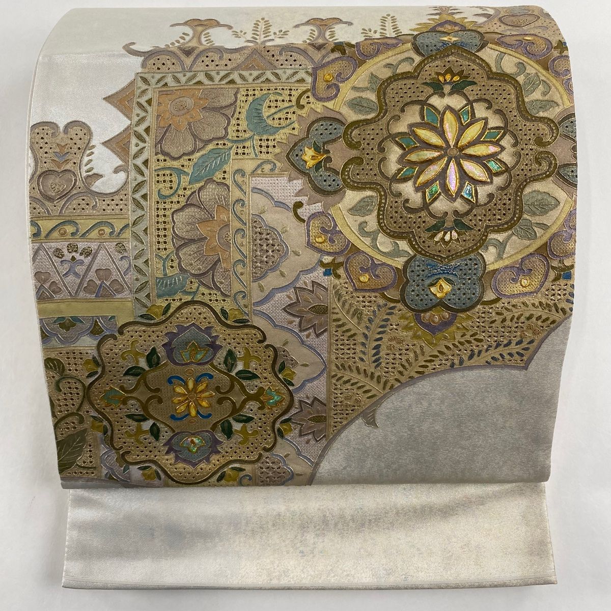 正絹・金箔・螺鈿細工の吉兆文様袋帯・天平彩栄・雲母・銅鏡・らでん 正絹・金箔・螺鈿細工の吉兆文様袋帯・天平彩栄・雲母・銅鏡