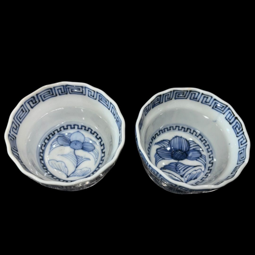 骨董　古伊万里　蕎麦猪口　向付　木箱入　手提げ木箱　おかもち　20個　線描き　器 骨董 古伊万里 蕎麦猪口 向付 木箱入 手提げ木箱 おかもち 20