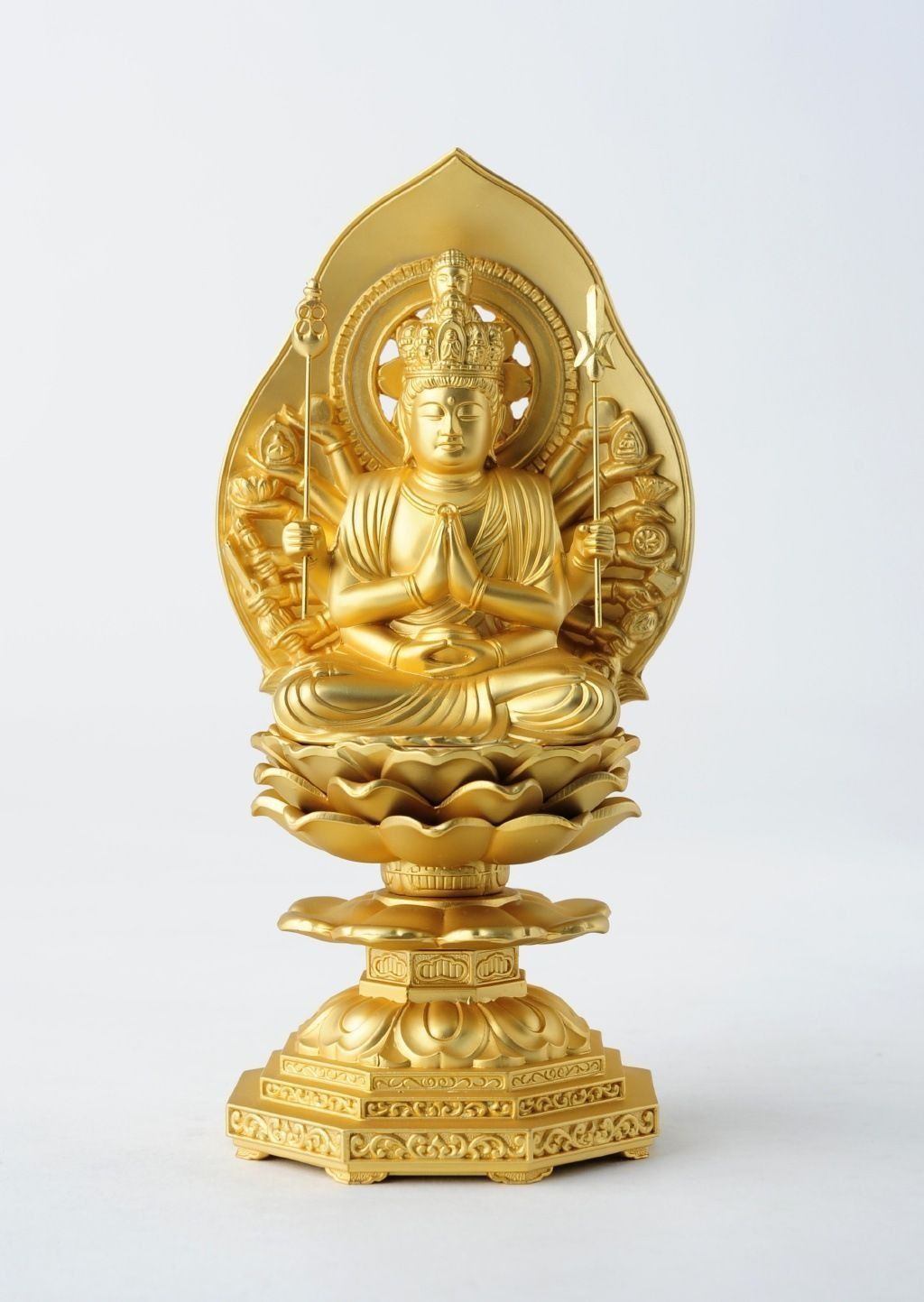 千手観音 - 合金製 純金メッキ仕上げ 総高15.5cm 高岡銅器 仏像