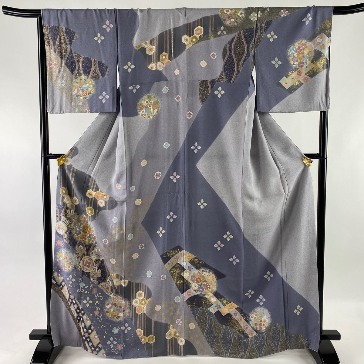 訪問着 美品 名品 草花 立涌 金彩 金糸 灰紫 袷 身丈166cm 裄丈67.5cm