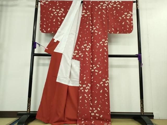 平和屋着物 上 撫松庵 小紋 舞桜 朱色地 洗える着物 DZAA9369kh5