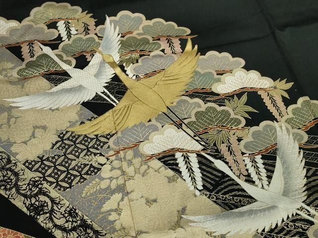 平和屋着物○豪華色留袖 駒刺繍 飛鶴動物渡り橋浜松花文 金彩 正絹