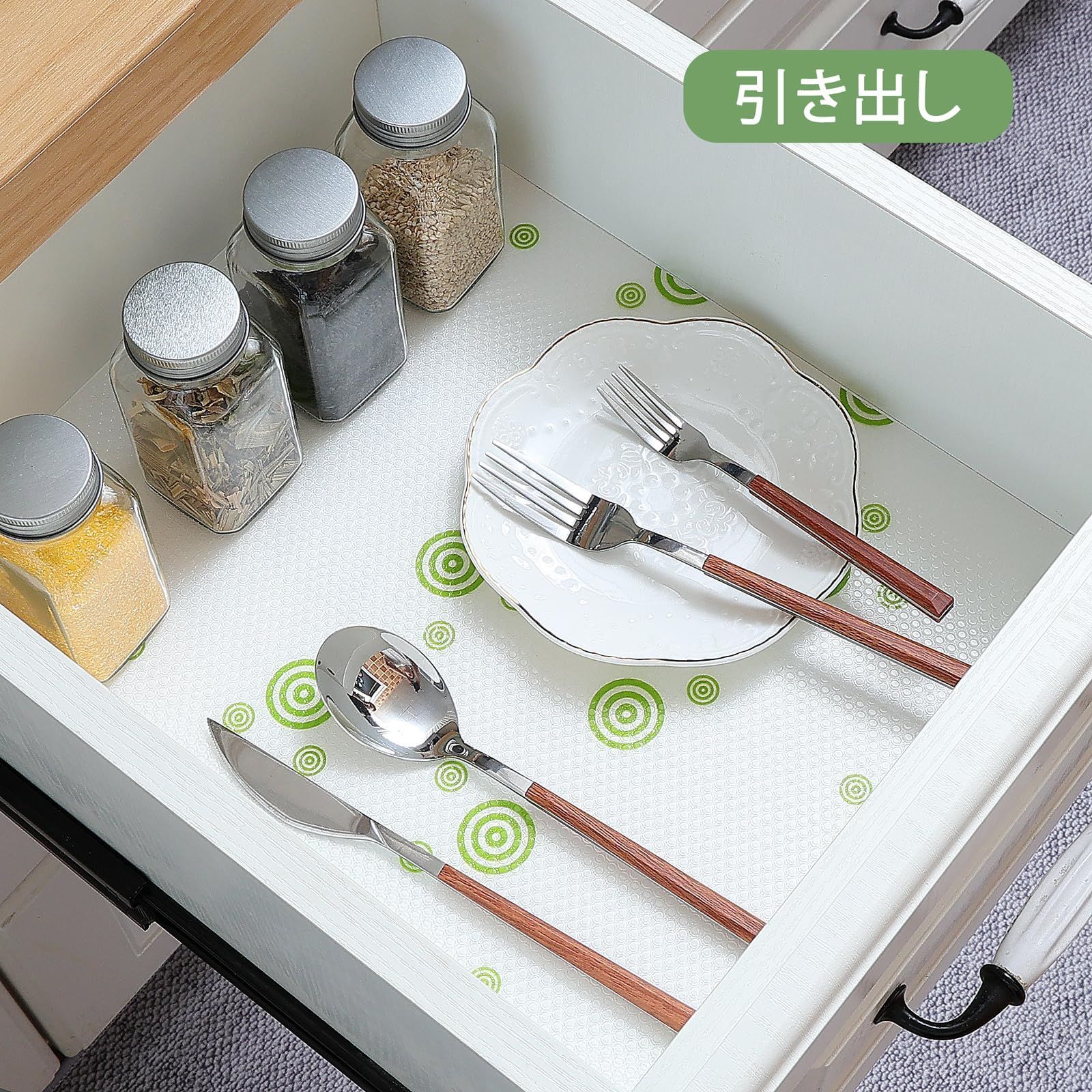 防カビ 抗菌 防虫 収納シート 滑り止め キッチン 保護マット 保護シート 引き出しシート EVA製 冷蔵庫マット キッチンシート シェルフライナー 本棚マット 食器棚シート30 x 600 cm 自由裁断 緑の丸30 wohomuke