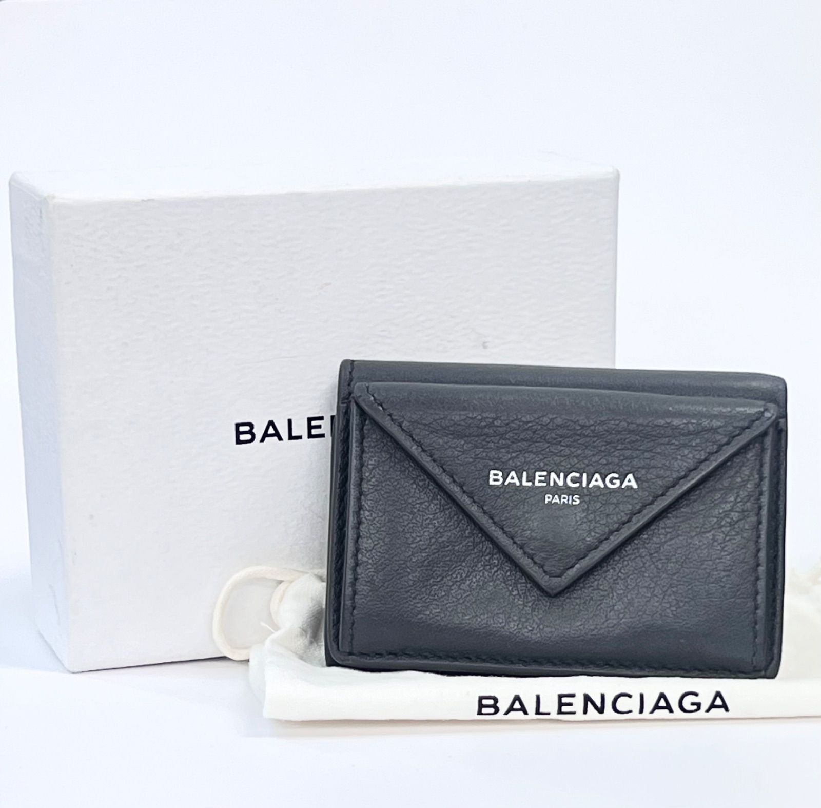 BALENCIAGA ペーパー ミニウォレット 三つ折り財布 グレー レザー