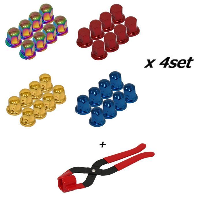 セット ISO33mm スチール製ナットキャップ フロント リア兼用 高さ50mm デコキャップ 32個セット各色 ゴールド チタン色 レッド ブルー -ナットキャッププライヤー ブラック1個
