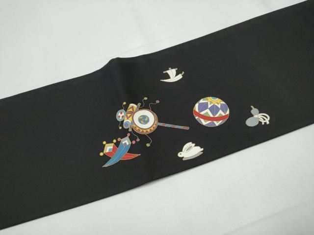 平和屋着物○塩瀬 九寸名古屋帯 玩具文 黒地 金彩 正絹 逸品