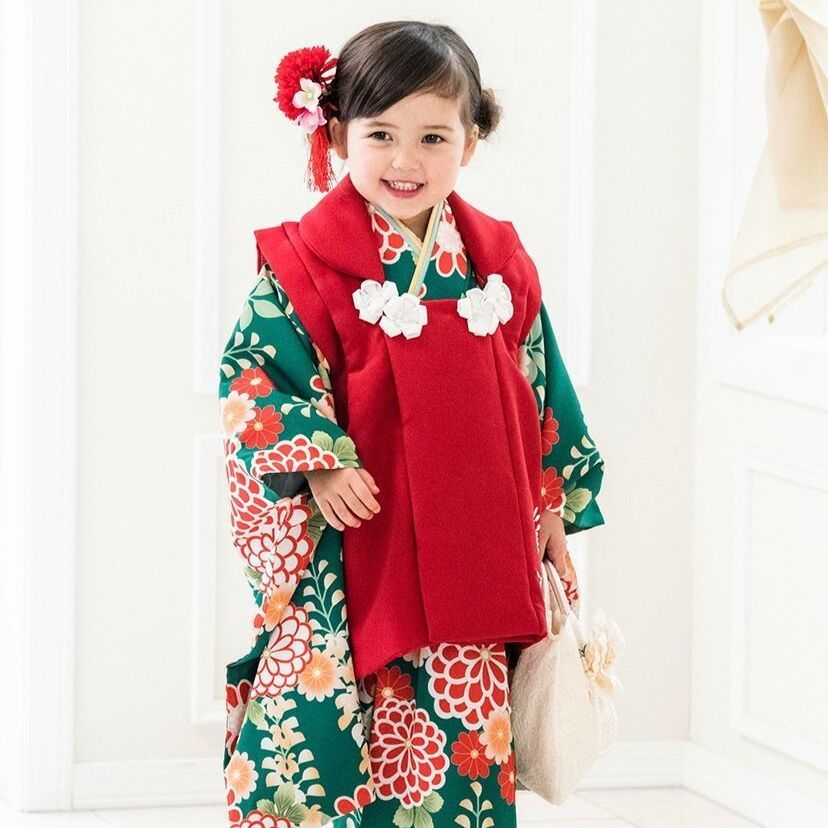 常盤着物×紅赤被布 京都絵師によるオリジナル柄＆レース生地の被布セット 七五三 キャサリンコテージ TAK