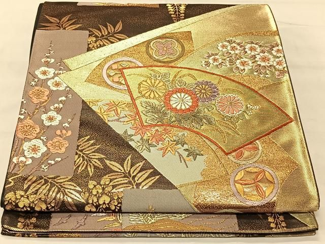 iamaku出品 平和屋着物◎六通柄袋帯 唐織 裂取能衣扇文 金糸 正絹 逸品