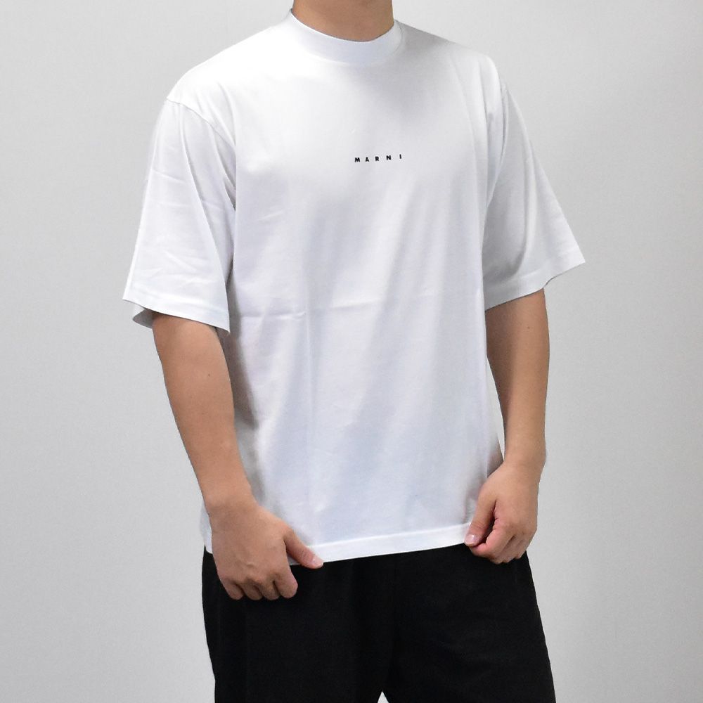 マルニ Tシャツ メンズ モックネック ロゴ 白 ネイビー シンプル 半袖